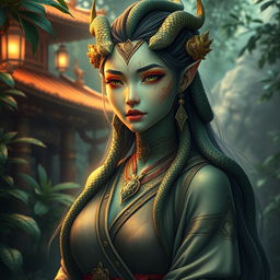A beautiful Yuan-Ti female character, with striking serpent-like features including scaled skin in shades of green and gold