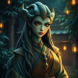 A beautiful Yuan-Ti female character, with striking serpent-like features including scaled skin in shades of green and gold