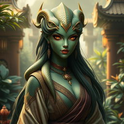 A beautiful Yuan-Ti female character, with striking serpent-like features including scaled skin in shades of green and gold