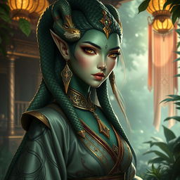 A beautiful Yuan-Ti female character, with striking serpent-like features including scaled skin in shades of green and gold