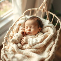A beautifully composed image of a peaceful newborn baby sleeping in a cozy cradle, surrounded by soft pastel colors and gentle textures