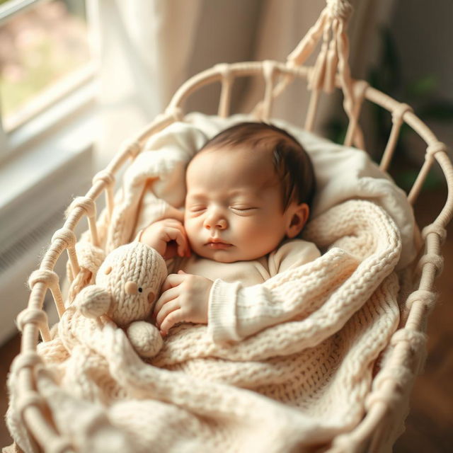 A beautifully composed image of a peaceful newborn baby sleeping in a cozy cradle, surrounded by soft pastel colors and gentle textures