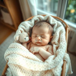 A beautifully composed image of a peaceful newborn baby sleeping in a cozy cradle, surrounded by soft pastel colors and gentle textures
