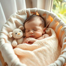 A beautifully composed image of a peaceful newborn baby sleeping in a cozy cradle, surrounded by soft pastel colors and gentle textures
