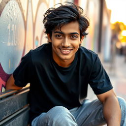An 18-year-old Indian boy with expressive black eyes and jet black messy hair, wearing a casual black T-shirt and comfortable grey sweatpants