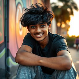 An 18-year-old Indian boy with expressive black eyes and jet black messy hair, wearing a casual black T-shirt and comfortable grey sweatpants