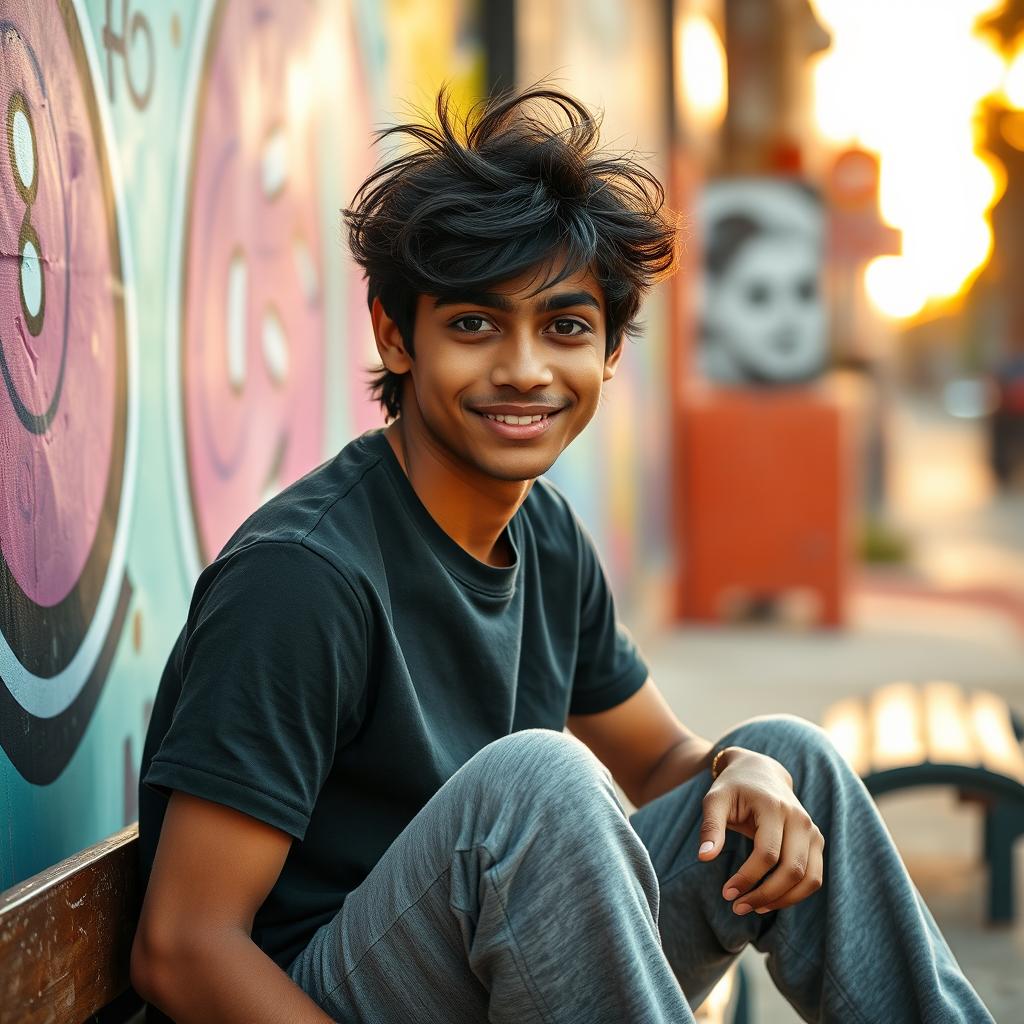 An 18-year-old Indian boy with expressive black eyes and jet black messy hair, wearing a casual black T-shirt and comfortable grey sweatpants