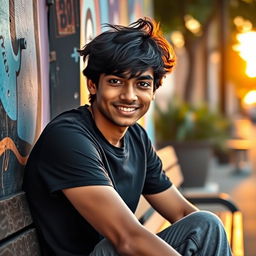 An 18-year-old Indian boy with expressive black eyes and jet black messy hair, wearing a casual black T-shirt and comfortable grey sweatpants