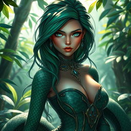 A beautiful female character with snake-like features, including sinuous, scaled skin in deep emerald hues with intricate patterns