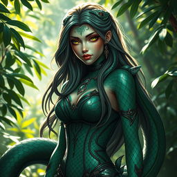 A beautiful female character with snake-like features, including sinuous, scaled skin in deep emerald hues with intricate patterns