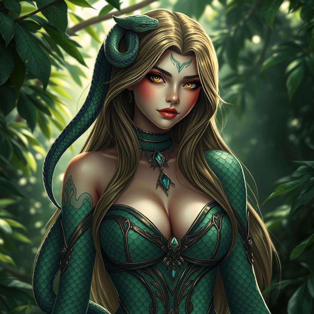 A beautiful female character with snake-like features, including sinuous, scaled skin in deep emerald hues with intricate patterns