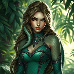 A beautiful female character with snake-like features, including sinuous, scaled skin in deep emerald hues with intricate patterns