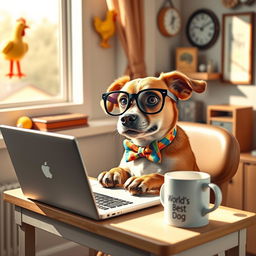 A whimsical and funny scene depicting a dog wearing oversized glasses and a colorful bowtie, sitting at a tiny desk with a laptop, looking very busy as if it's working from home