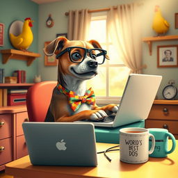 A whimsical and funny scene depicting a dog wearing oversized glasses and a colorful bowtie, sitting at a tiny desk with a laptop, looking very busy as if it's working from home