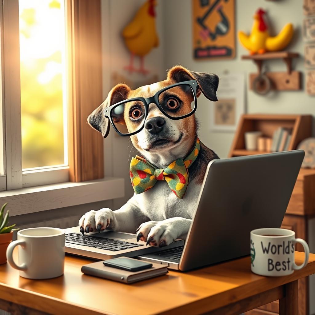 A whimsical and funny scene depicting a dog wearing oversized glasses and a colorful bowtie, sitting at a tiny desk with a laptop, looking very busy as if it's working from home