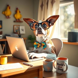 A whimsical and funny scene depicting a dog wearing oversized glasses and a colorful bowtie, sitting at a tiny desk with a laptop, looking very busy as if it's working from home