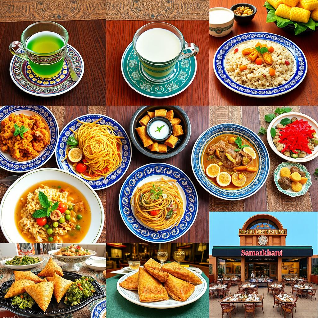 A vibrant and colorful collage showcasing traditional Uzbek dishes: Chay (green tea served in ornate cups), Ayran (a refreshing yogurt drink served in traditional bowls), Osh (a flavorful rice pilaf with lamb, carrots, and spices), Lagmon (hand-pulled noodles in a savory broth with vegetables and meat), and Baklava (sweet pastry layers filled with nuts and honey)