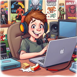 A humorous depiction of a young boy who is a content creator, sitting at his messy desk surrounded by various gadgets and creative tools