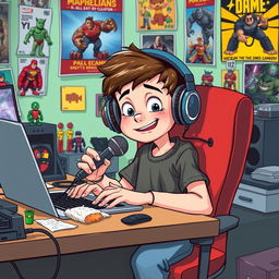 A humorous depiction of a young boy who is a content creator, sitting at his messy desk surrounded by various gadgets and creative tools