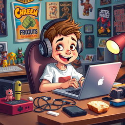 A humorous depiction of a young boy who is a content creator, sitting at his messy desk surrounded by various gadgets and creative tools