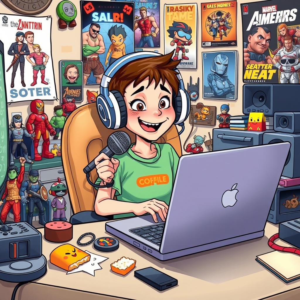 A humorous depiction of a young boy who is a content creator, sitting at his messy desk surrounded by various gadgets and creative tools