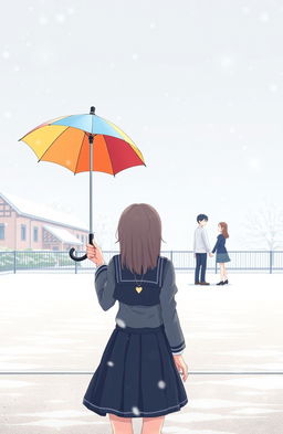 An anime-style illustration of a girl standing alone in a snowy school ground