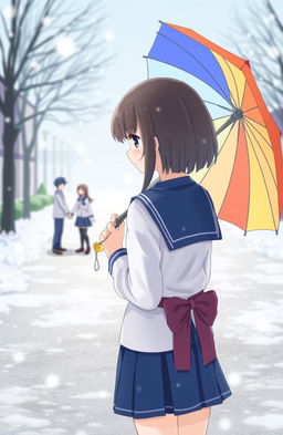 An anime-style illustration of a girl standing alone in a snowy school ground