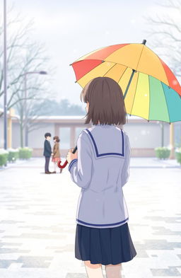 An anime-style illustration of a girl standing alone in a snowy school ground