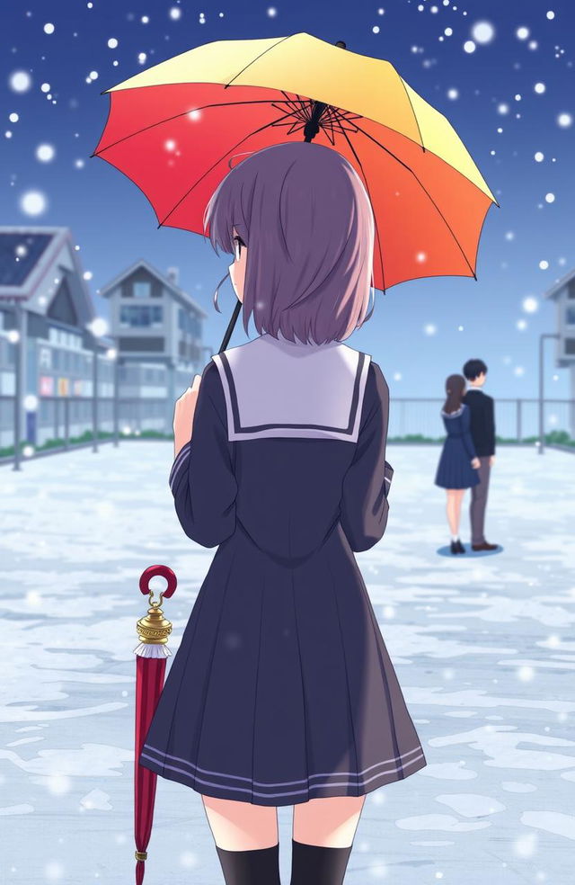 An anime-style illustration of a girl standing alone in a snowy school ground