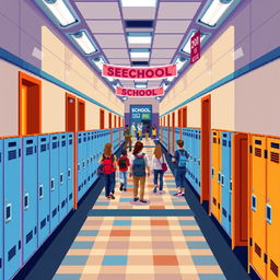 A top-down view of a school corridor, rendered in pixel art style