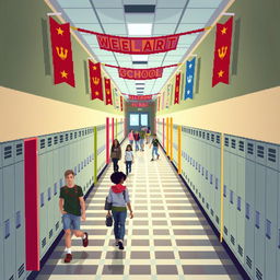 A top-down view of a school corridor, rendered in pixel art style