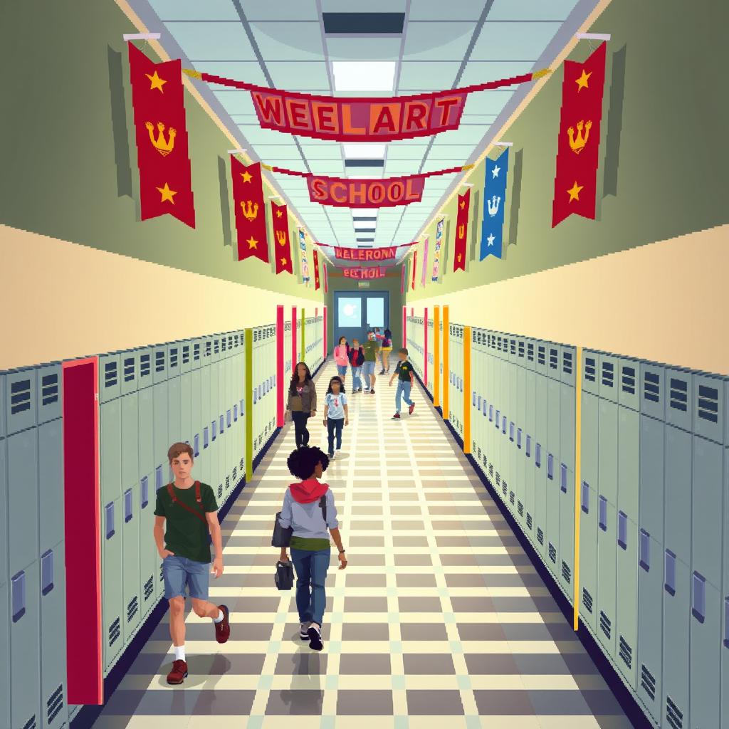 A top-down view of a school corridor, rendered in pixel art style