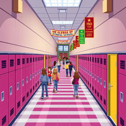 A top-down view of a school corridor, rendered in pixel art style