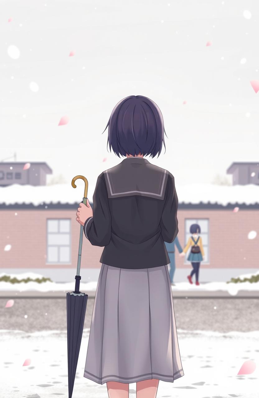An anime-style illustration of a girl standing alone in a snowy school ground, dressed in a traditional Japanese school uniform