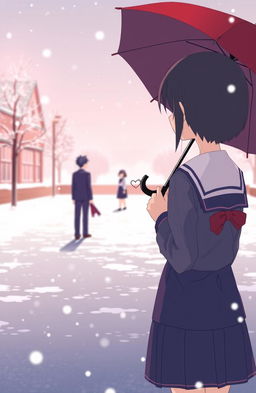 An anime-style illustration of a girl standing alone in a snowy school ground, dressed in a traditional Japanese school uniform