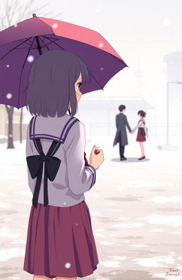 An anime-style illustration of a girl standing alone in a snowy school ground, dressed in a traditional Japanese school uniform