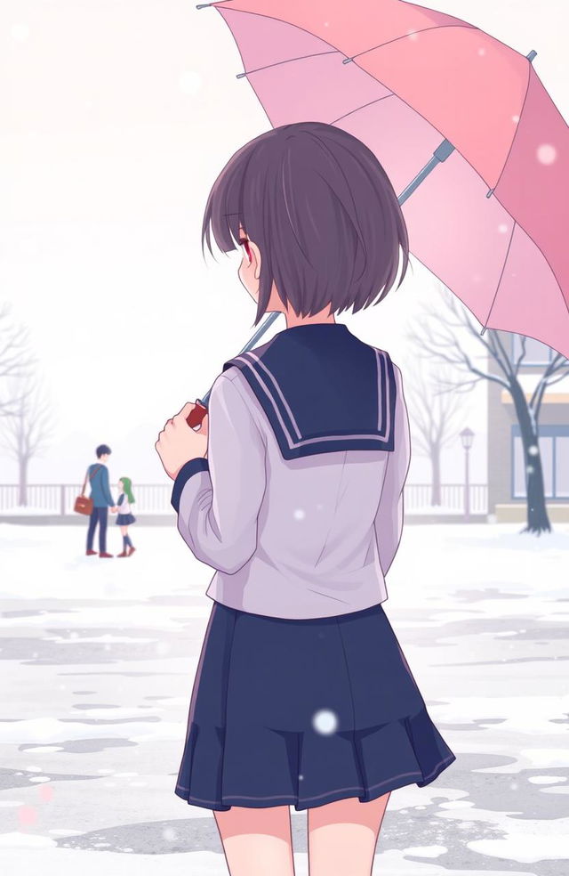 An anime-style illustration of a girl standing alone in a snowy school ground, dressed in a traditional Japanese school uniform