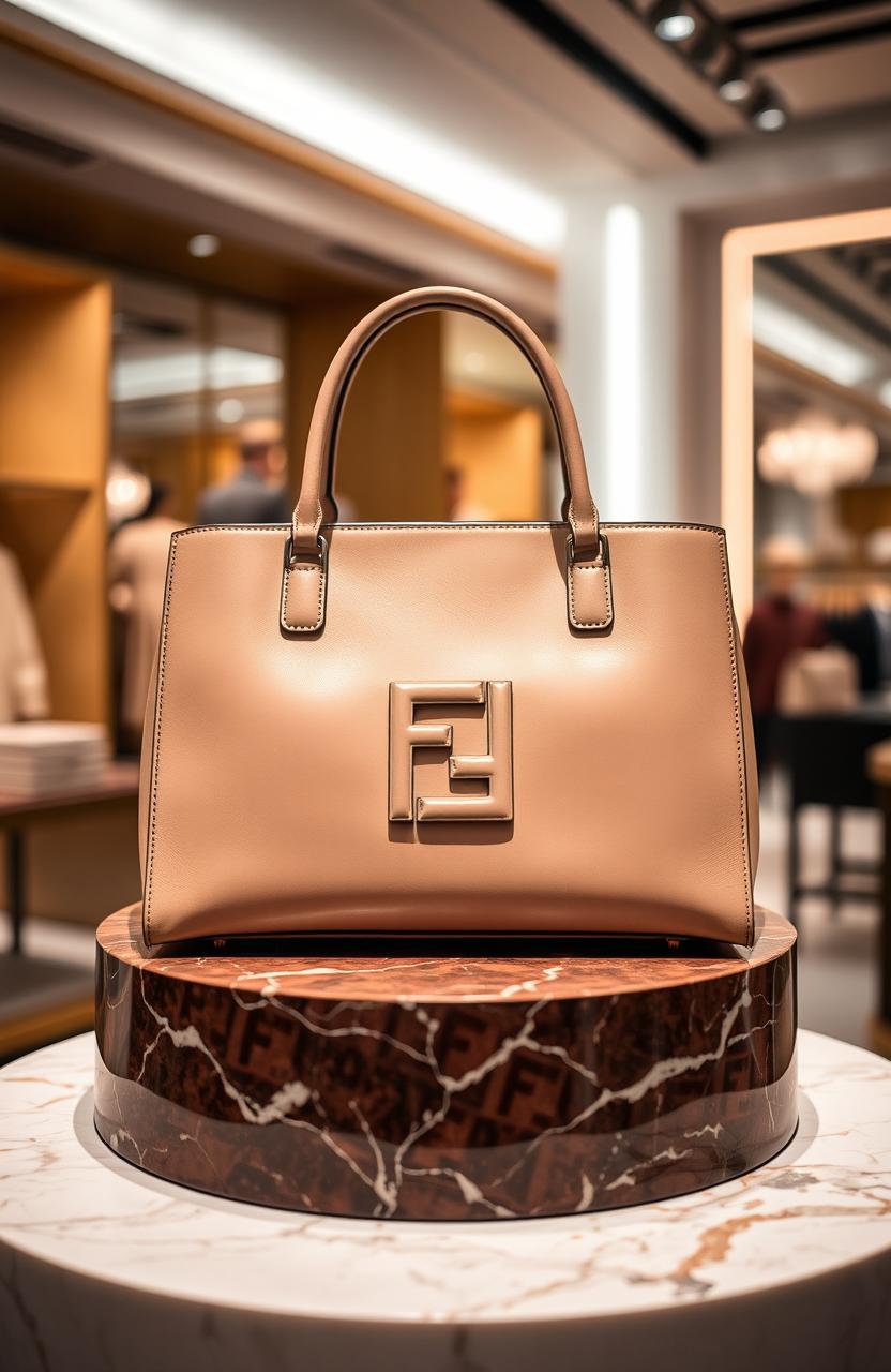 A luxurious Fendi handbag displayed elegantly on a marble pedestal