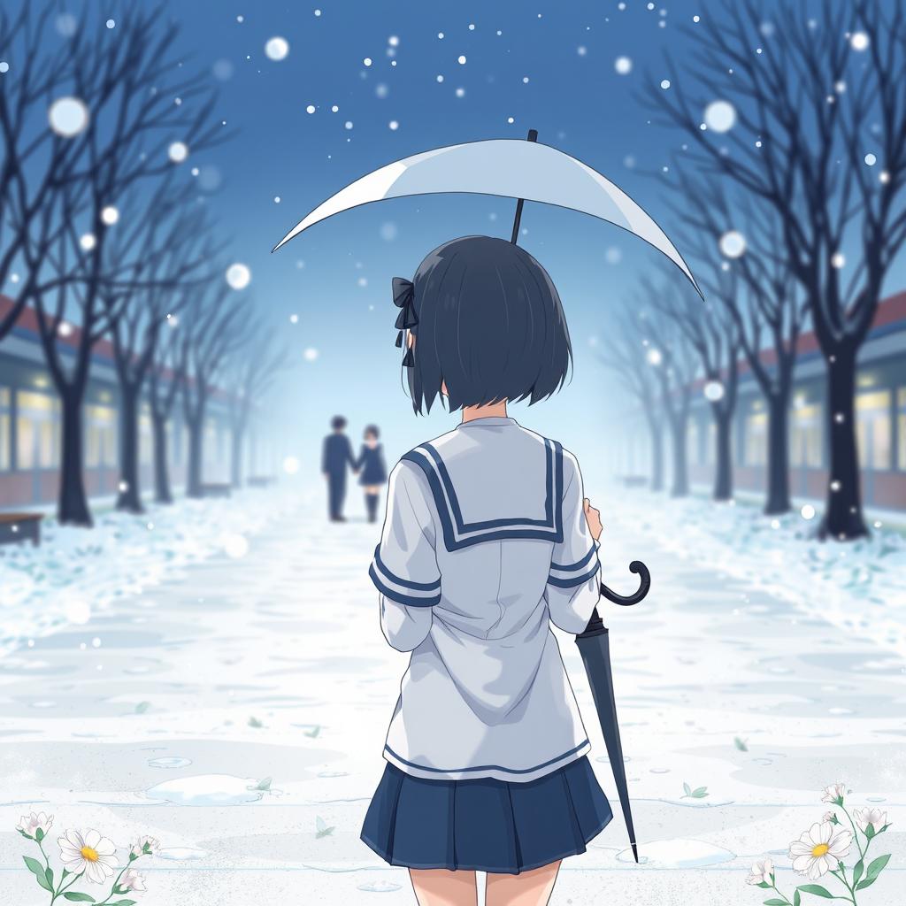 An anime-style illustration of a girl standing alone in a snowy school ground, dressed in a traditional Japanese school uniform