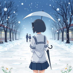 An anime-style illustration of a girl standing alone in a snowy school ground, dressed in a traditional Japanese school uniform