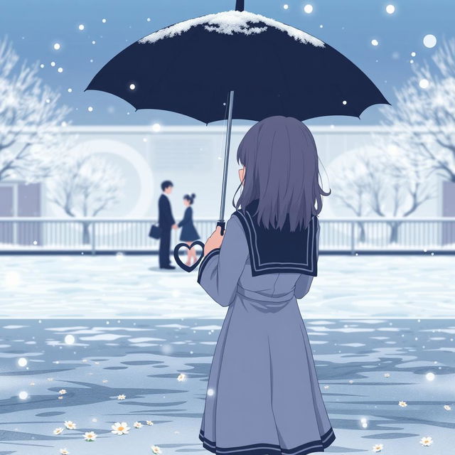 An anime-style illustration of a girl standing alone in a snowy school ground, dressed in a traditional Japanese school uniform