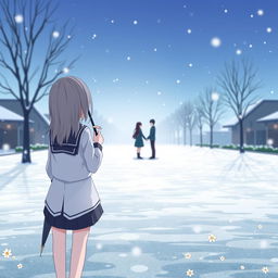 An anime-style illustration of a girl standing alone in a snowy school ground, dressed in a traditional Japanese school uniform