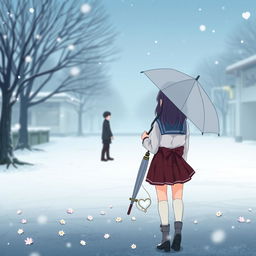 An anime-style illustration of a girl standing alone in a snowy school ground, dressed in a traditional Japanese school uniform
