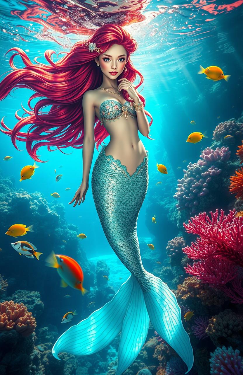 A stunning underwater scene featuring a graceful mermaid with long flowing hair, adorned with shimmering scales and seashell jewelry