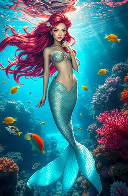 A stunning underwater scene featuring a graceful mermaid with long flowing hair, adorned with shimmering scales and seashell jewelry