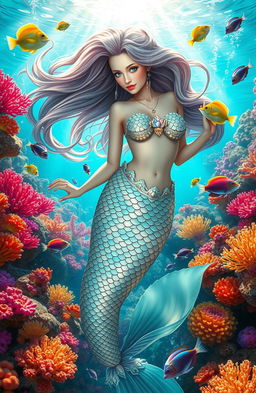 A stunning underwater scene featuring a graceful mermaid with long flowing hair, adorned with shimmering scales and seashell jewelry