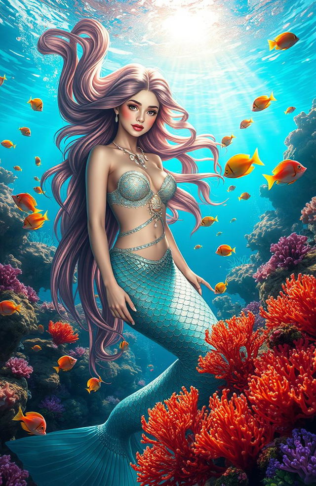 A stunning underwater scene featuring a graceful mermaid with long flowing hair, adorned with shimmering scales and seashell jewelry