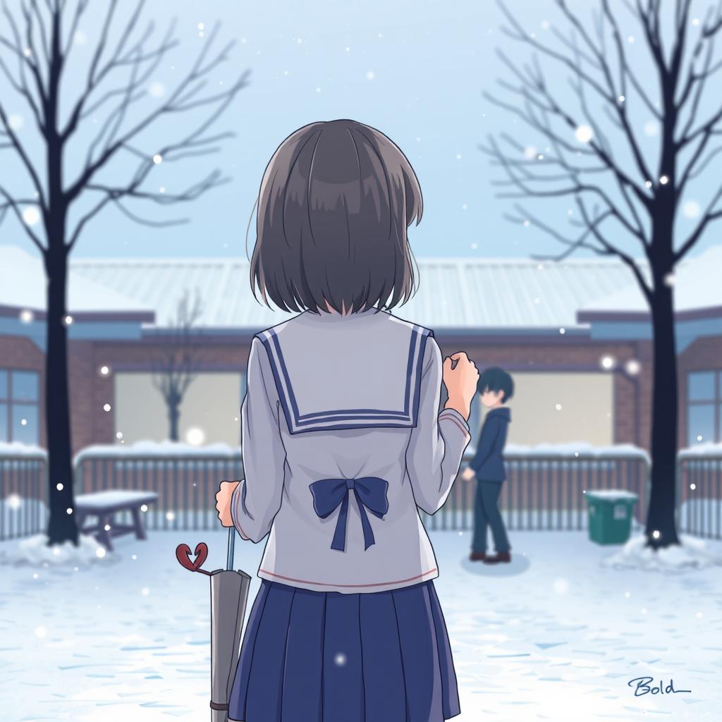 An anime-style illustration of a girl standing alone in a snowy school ground, dressed in a traditional Japanese school uniform