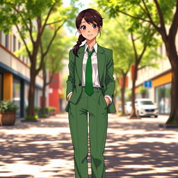 A full-length image of an Indian anime girl aged 17, featuring dark brown hair with black highlights tied in a low ponytail