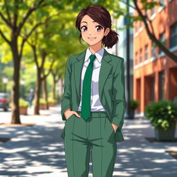 A full-length image of an Indian anime girl aged 17, featuring dark brown hair with black highlights tied in a low ponytail